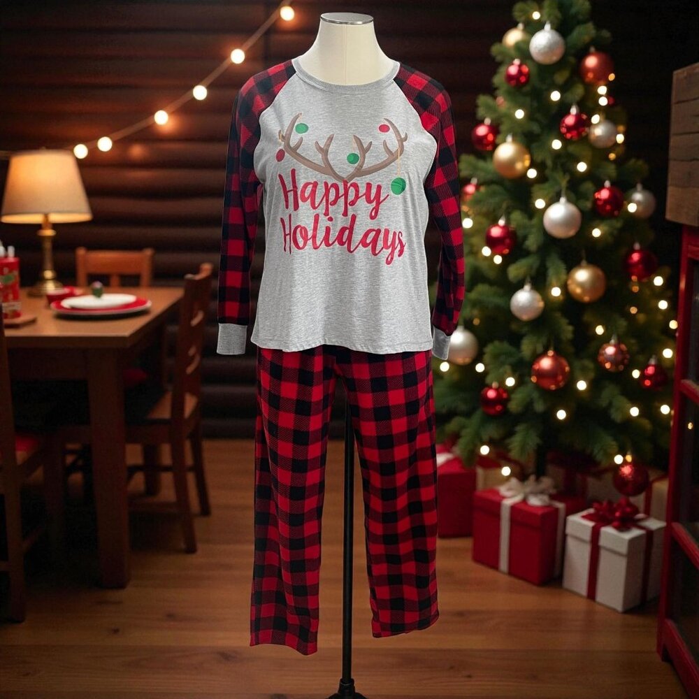 Happy Holidays Pajama Set 1X Buffalo Plaid Christmas Lounge Cozy Soft Winter